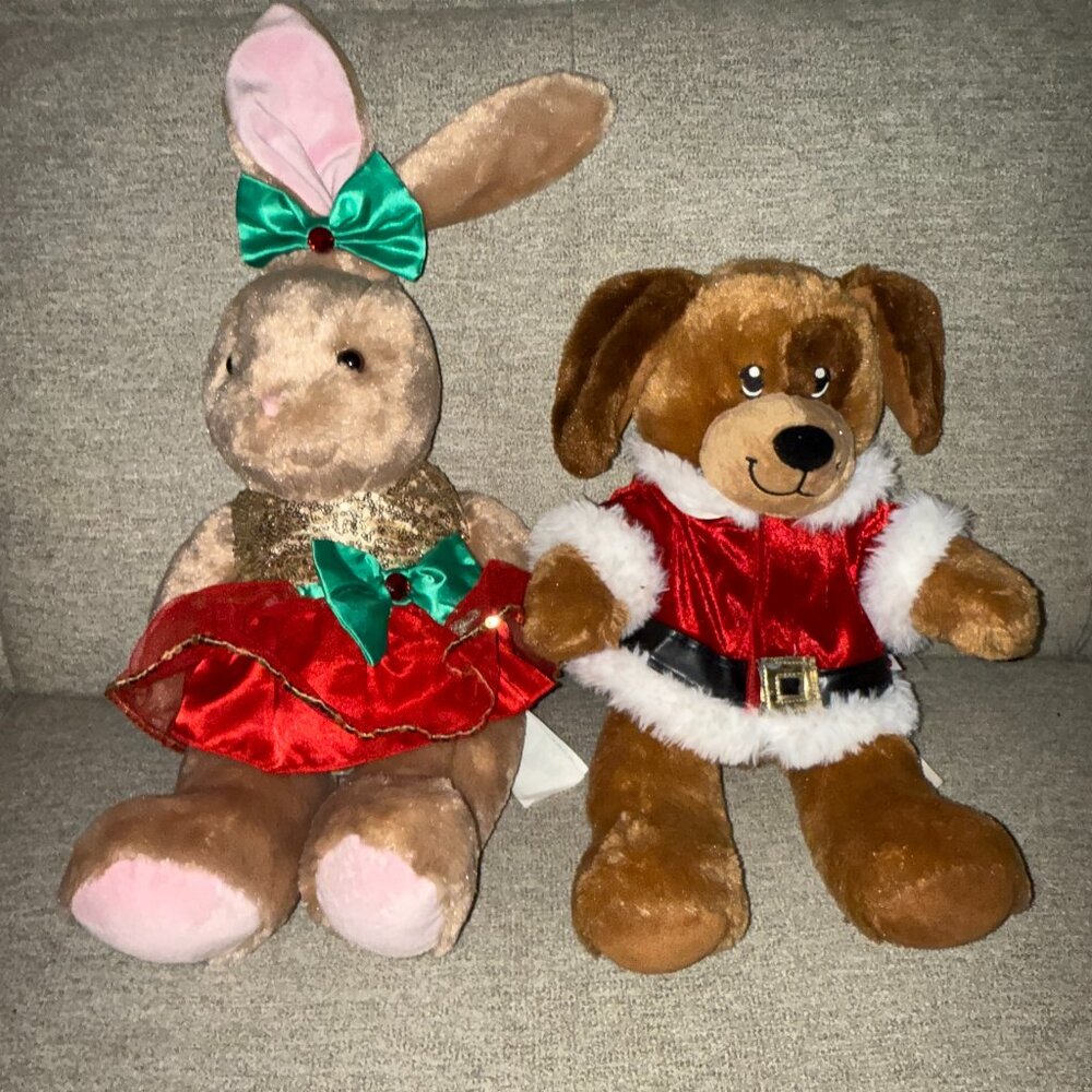 Build A Bear Lil Pup 2016 Santa and Rabbit Sequin Christmas Dress Gold Red BABW